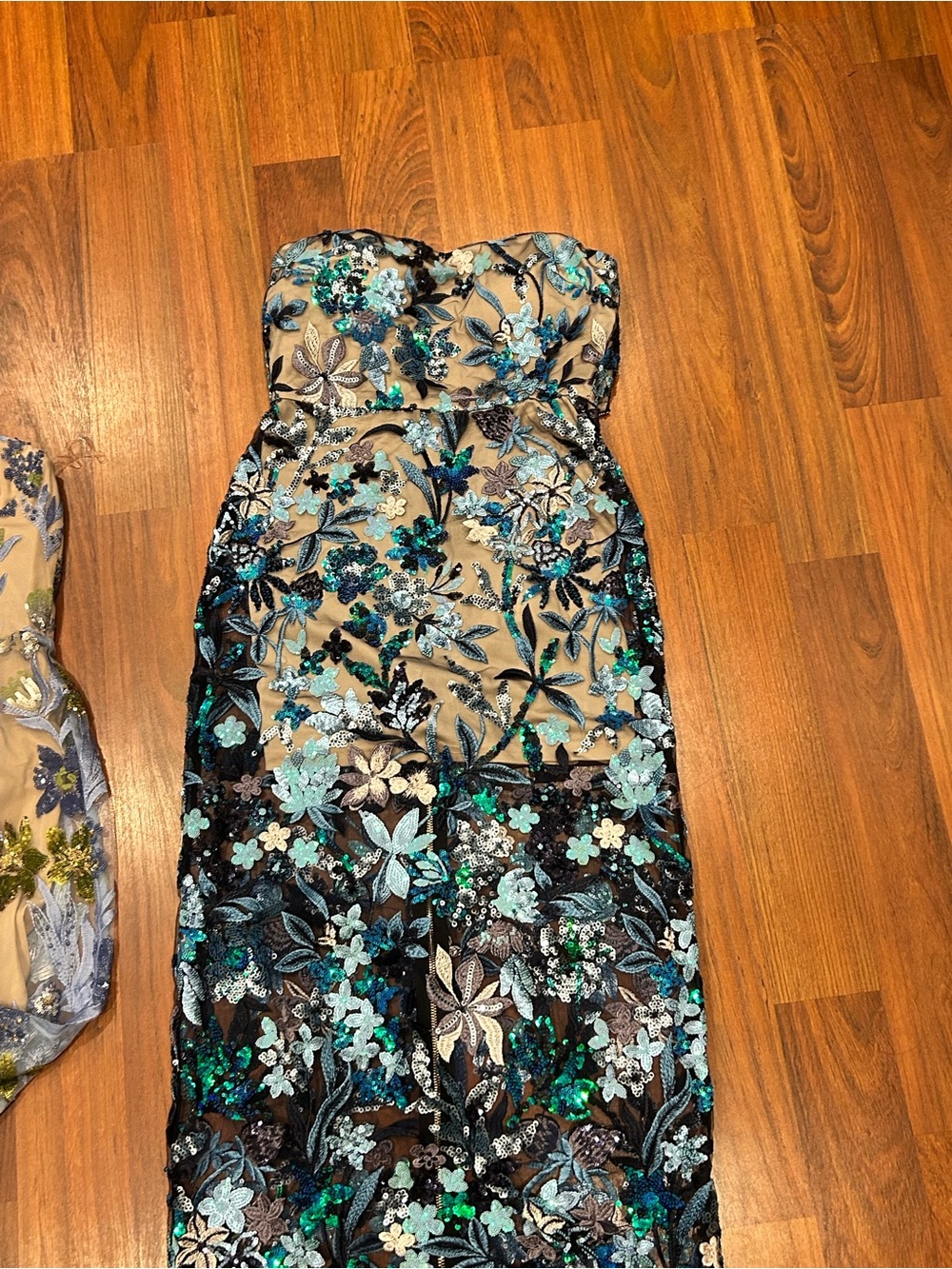 Strapless Floral Sequin Evening Dress